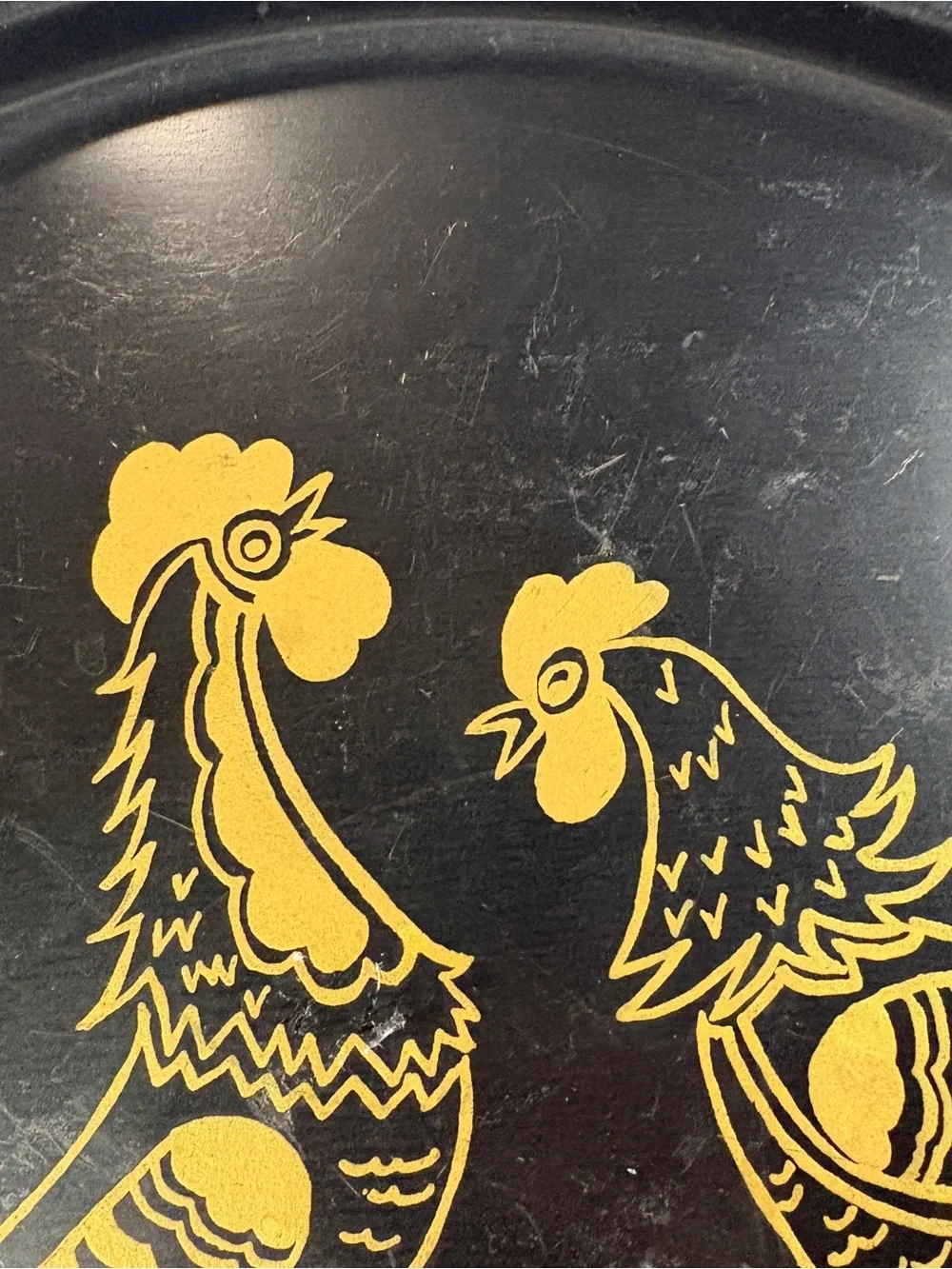 Vtg MCM 1950s Black Metal Serving Tray with Gold Rooster and Hen folk Design